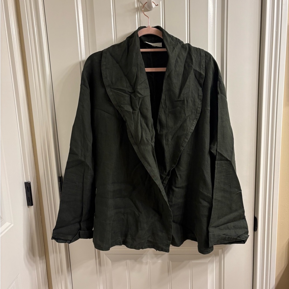 Bryn Walker Linen Waterfall Cardigan Jacket Deep Green Open Front Lagenlook M
